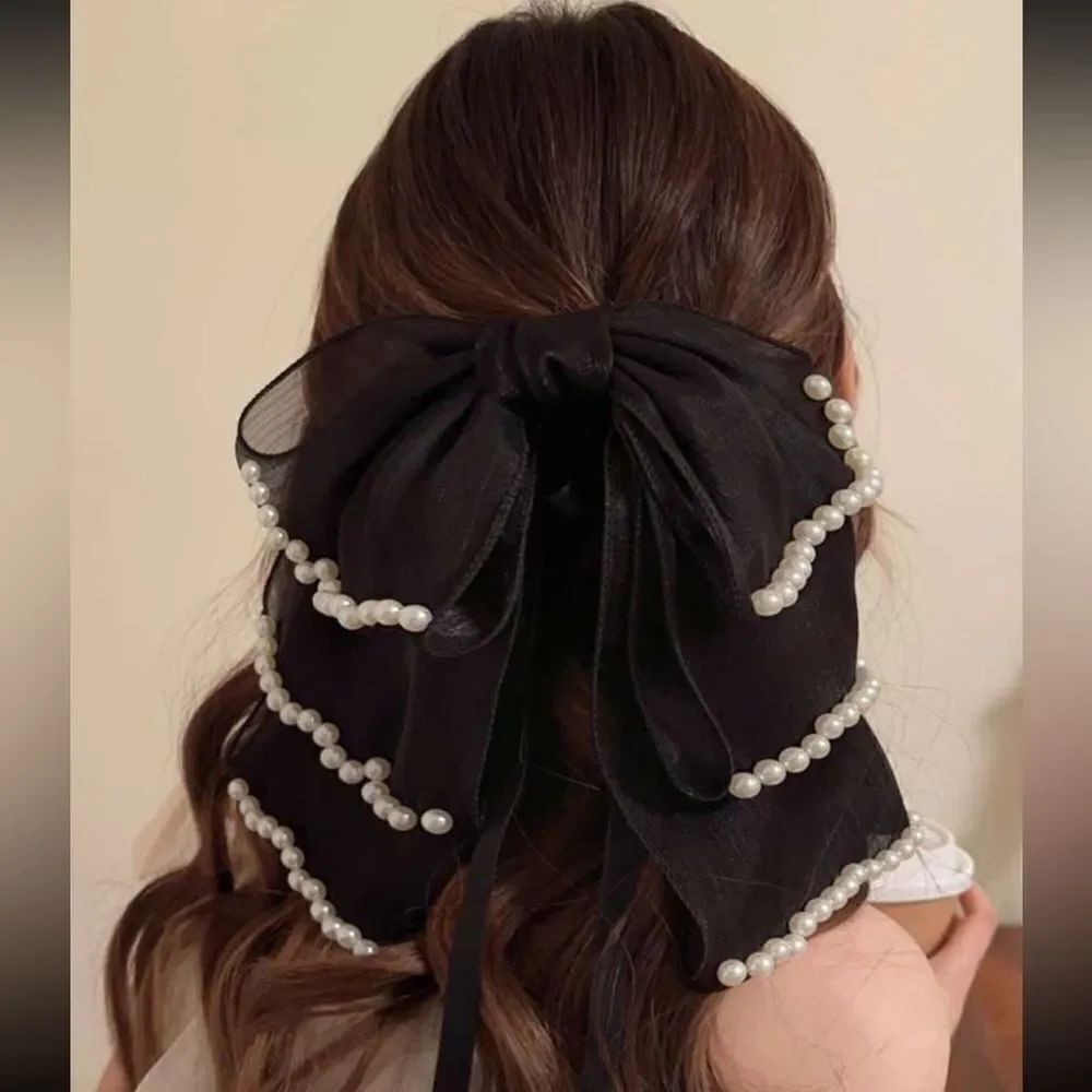 Elegant Black Hair Bow with Pearls K7